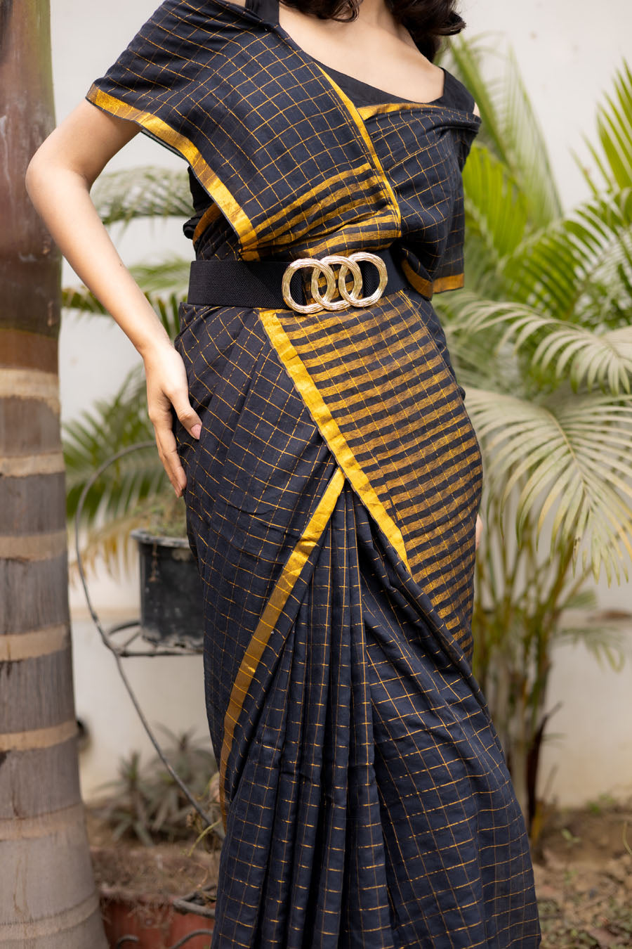 Elegant Black & Gold Handloom Saree with Modern Draping MeMaana