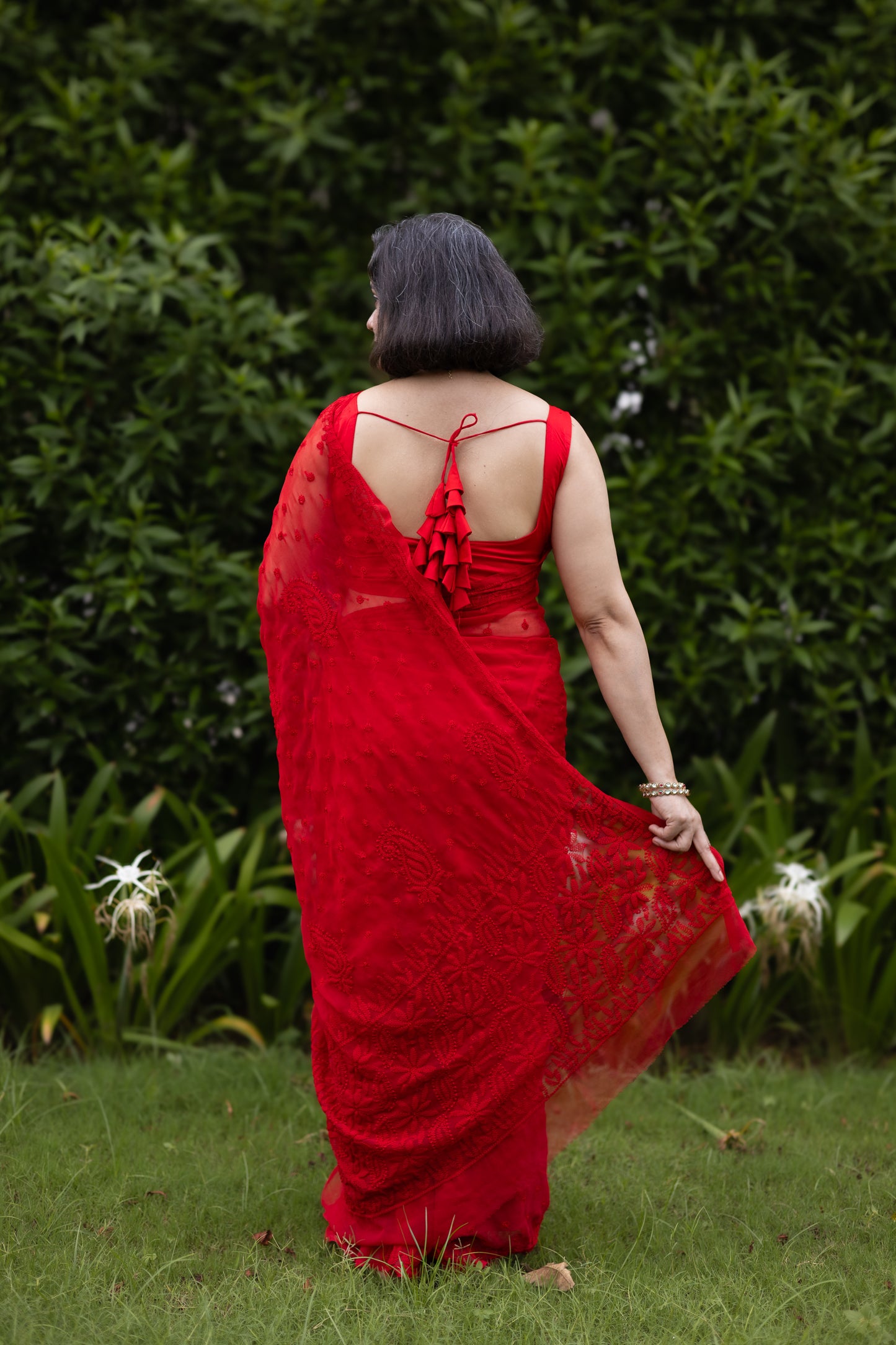 MeMaana Handcrafted Georgette Red Lucknowi Allover Chikankari Saree with Blouse