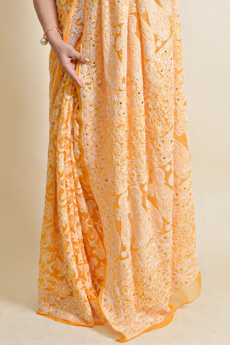 Fabnuma Handcrafted Orange Georgette Chikankari mukaish work Saree-Blouse - Fabnuma