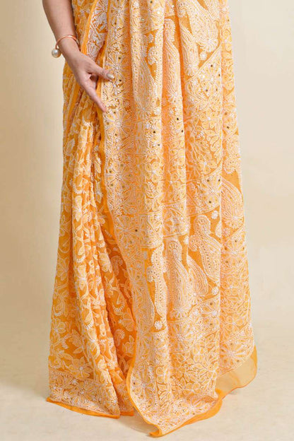 Fabnuma Handcrafted Orange Georgette Chikankari mukaish work Saree-Blouse - Fabnuma