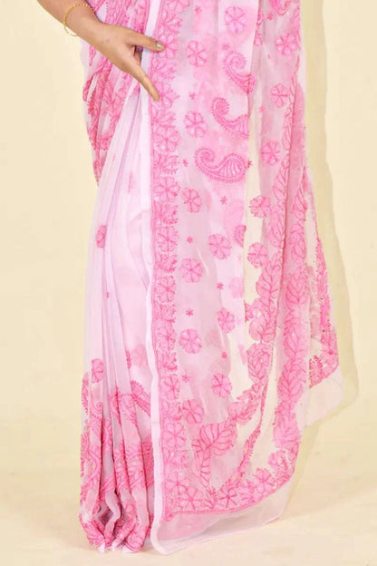 MeMaana Handcrafted Pink Georgette With Mukaish Work Chikankari Saree-Blouse MeMaana