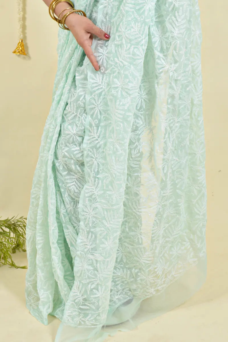 Fabnuma Handcrafted Mint Green Georgette Chikankari Saree-Blouse - Fabnuma