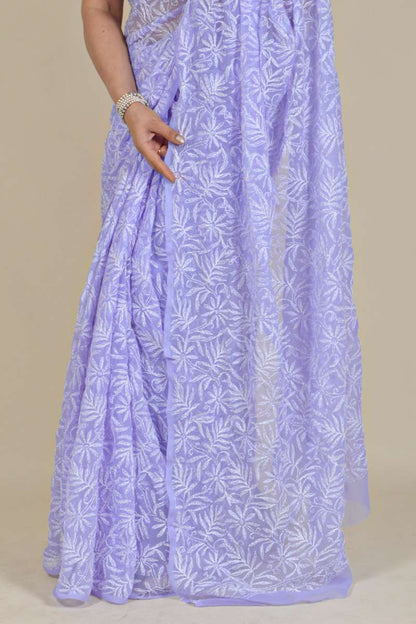 Fabnuma Handcrafted Lavender Georgette Tepchi Chikankari Saree-Blouse - Fabnuma