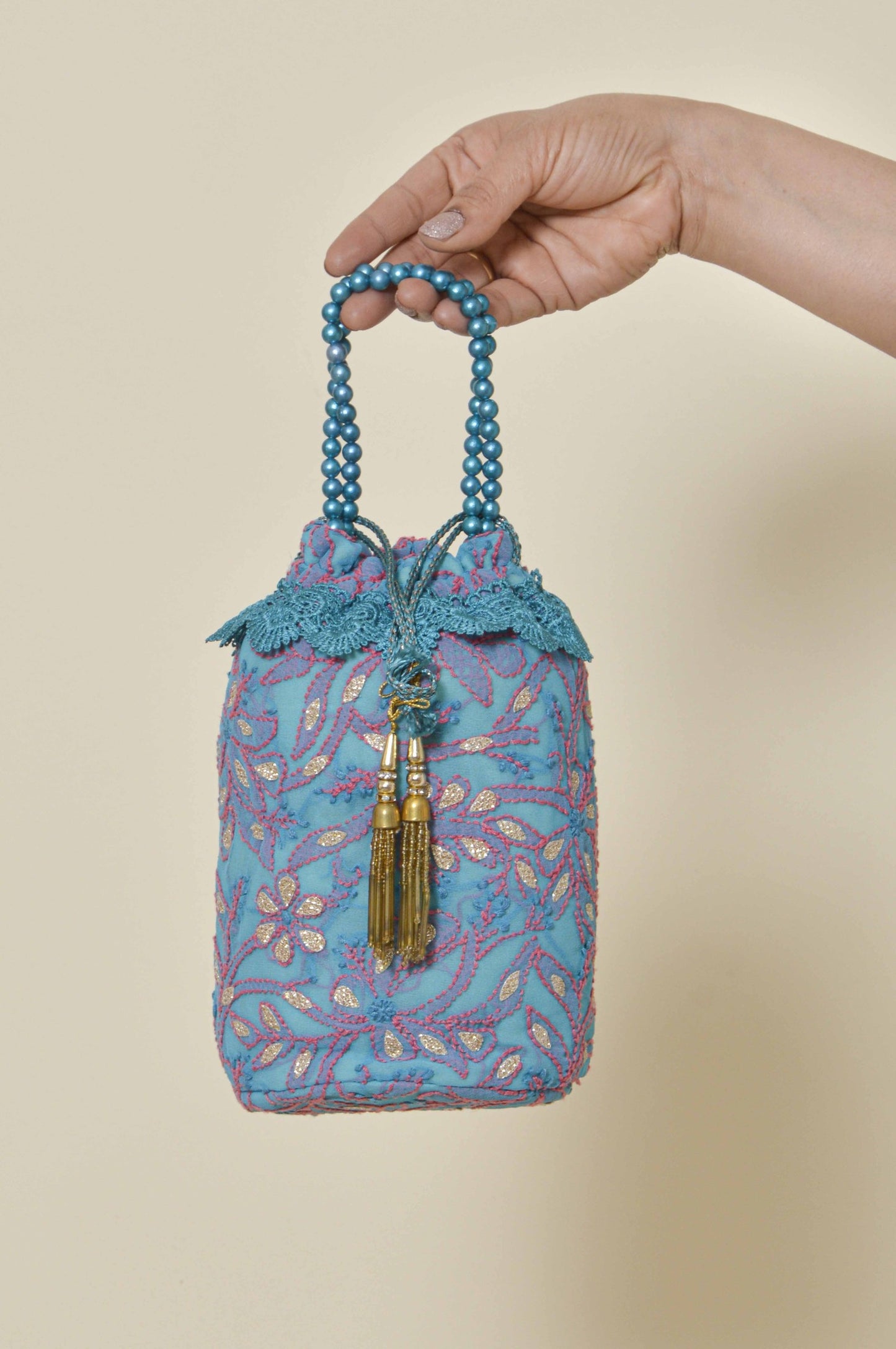 Fabnuma Handcrafted Blue Chikankari Potli Bag - Fabnuma