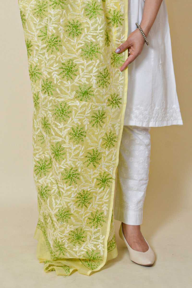 Fabnuma Handcrafted Yellow Kota Cotton Chikankari Dupatta - Fabnuma