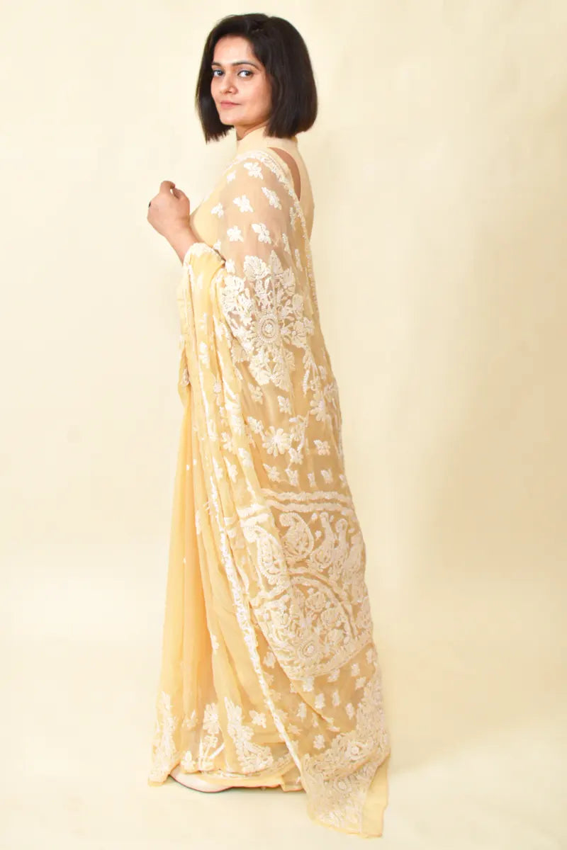 Fabnuma Handcrafted Fawn Georgette Chikankari Saree-Blouse - Fabnuma