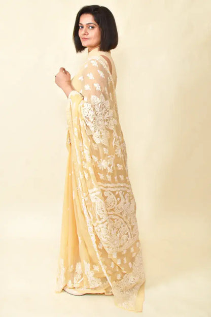 Fabnuma Handcrafted Fawn Georgette Chikankari Saree-Blouse - Fabnuma