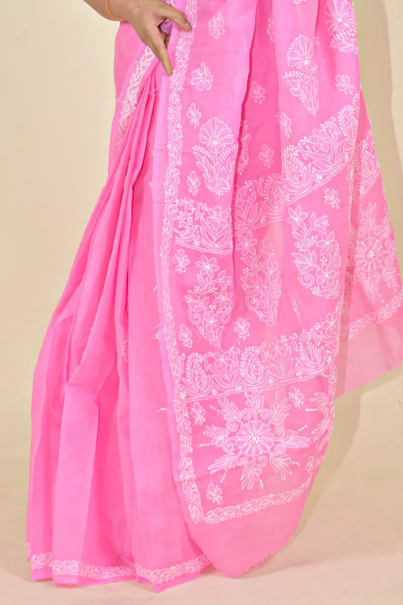 Fabnuma Handcrafted Pink Cotton Chikankari Saree-Blouse Fabnuma