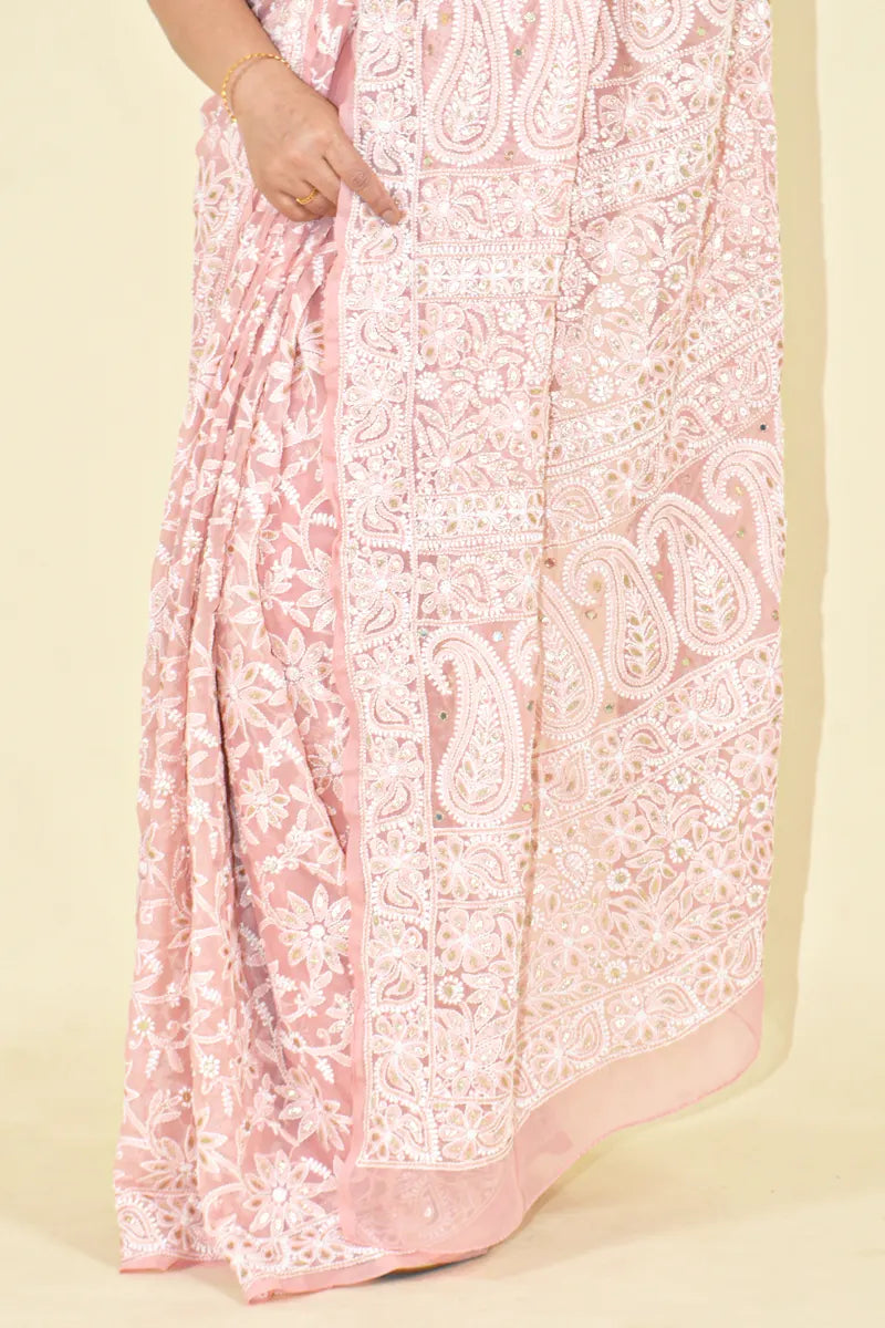 Fabnuma Handcrafted Peach Georgette Gotapatti Chikankari Saree-Blouse - Fabnuma