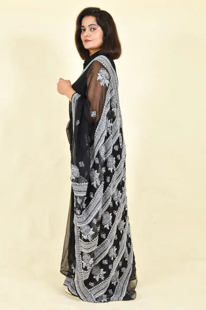 Fabnuma Handcrafted Black Georgette Chikankari Saree-Blouse - Fabnuma