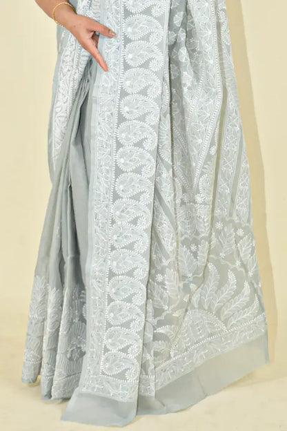 Fabnuma Handcrafted Gray Cotton Chikankari Saree-Blouse - Fabnuma