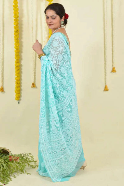 MeMaana Handcrafted Sea Green Georgette Chikankari Saree-Blouse MeMaana