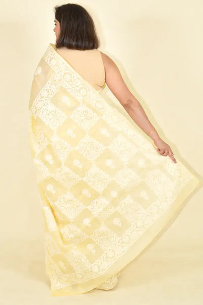 Fabnuma Handcrafted Fawn Cotton Chikankari Saree-Blouse - Fabnuma