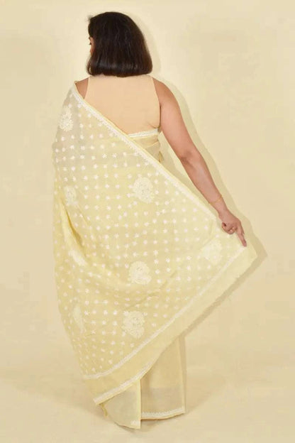 MeMaana Handcrafted Fawn Cotton Chikankari Saree-Blouse MeMaana