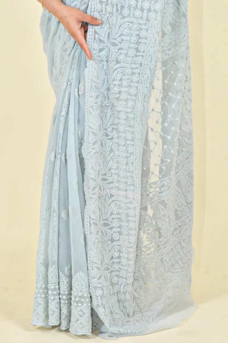 Fabnuma Handcrafted Gray Georgette Chikankari Saree-Blouse Fabnuma
