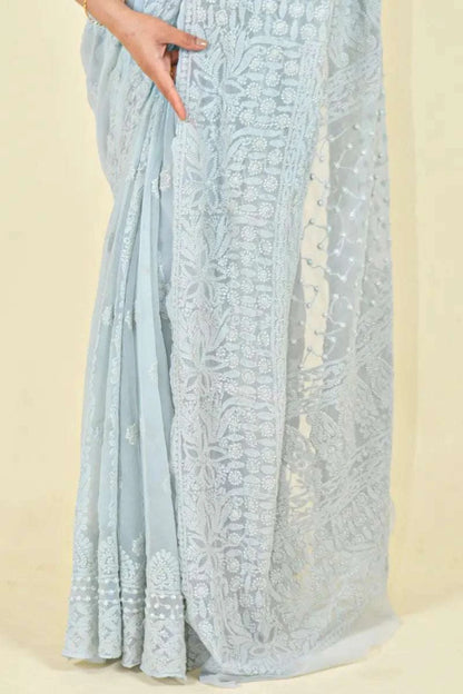 MeMaana Handcrafted Gray Georgette Chikankari Saree-Blouse MeMaana