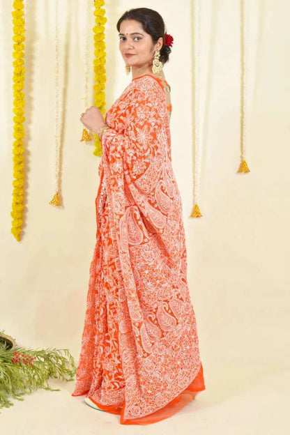 MeMaana Handcrafted Orange Georgette Chikankari Saree With Mukaish Work-Blouse MeMaana