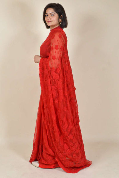 Fabnuma Handcrafted Red Georgette Chikankari Saree-Blouse - Fabnuma