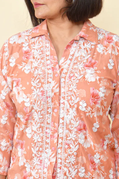 Fabnuma Handcrafted Orange Chikankari Rayon Cord Set - Fabnuma