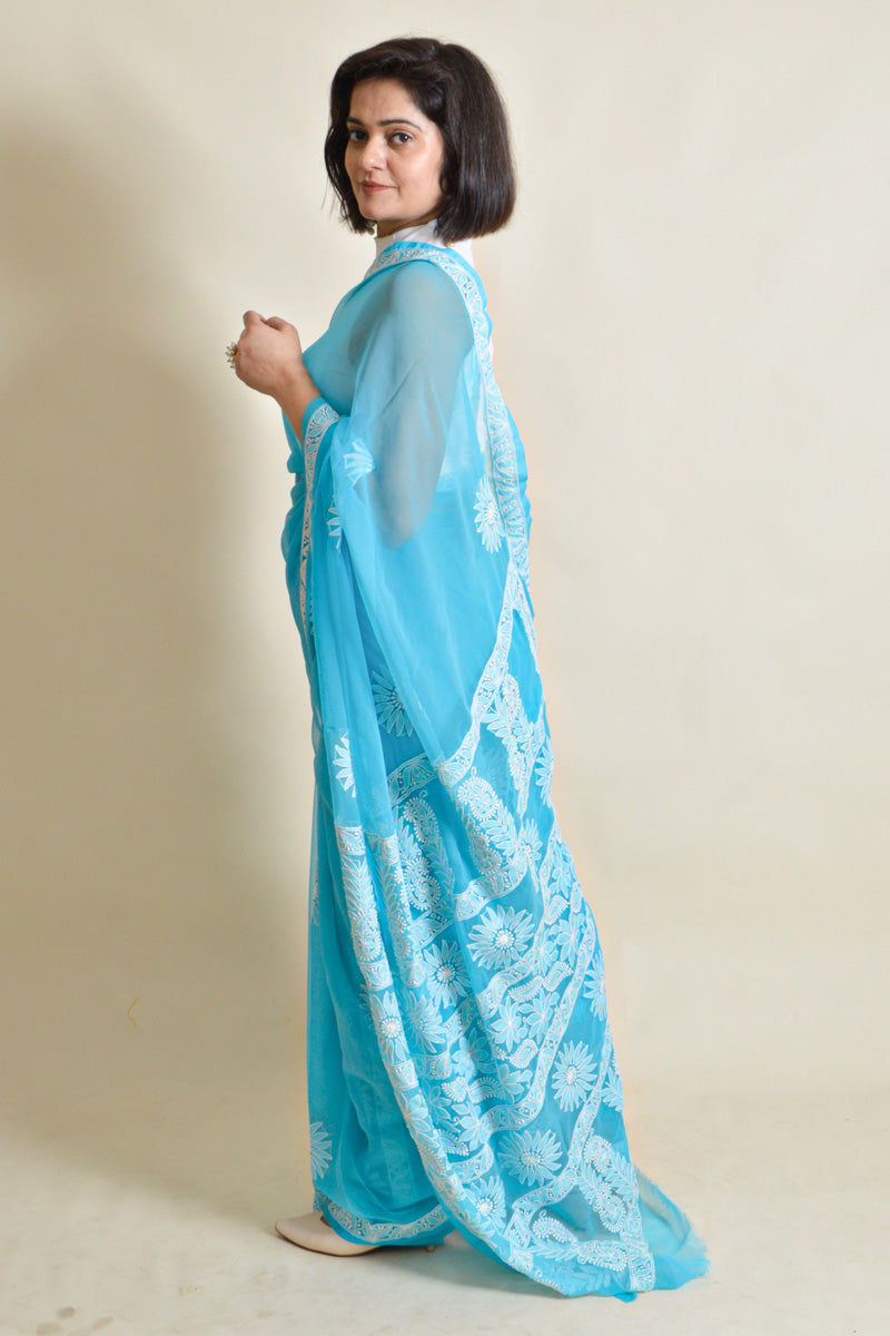 Fabnuma Handcrafted Aqua Blue Georgette Chikankari Saree-Blouse - Fabnuma