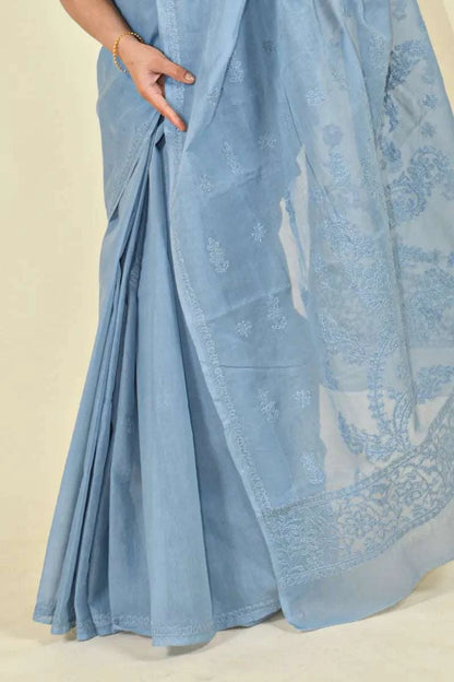 MeMaana Handcrafted Gray Cotton Chikankari Saree-Blouse MeMaana