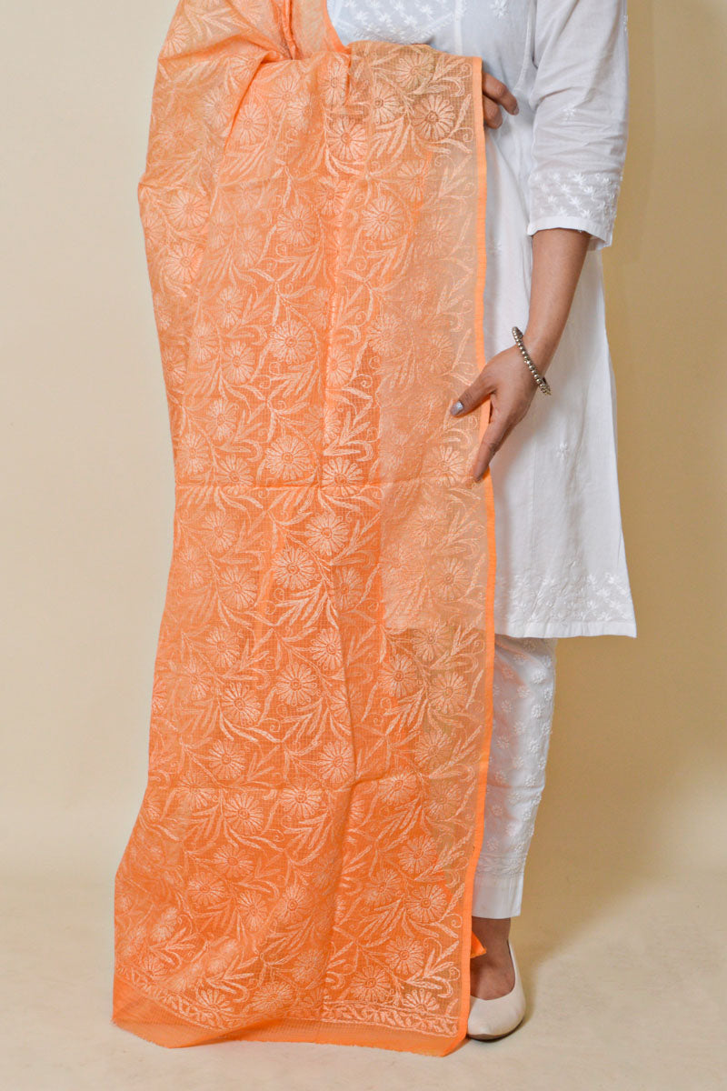 Fabnuma Handcrafted Orange Kota Cotton Allover Tepchi Chikankari Dupatta - Fabnuma