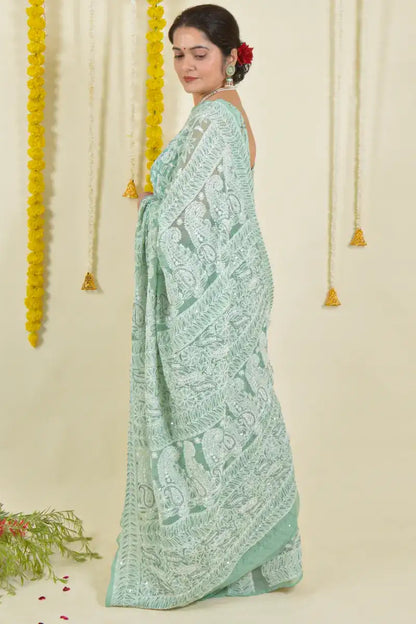 Fabnuma Handcrafted Pista Green Georgette Chikankari Saree-Blouse - Fabnuma