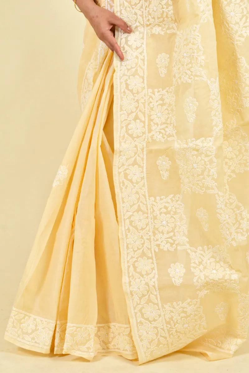 Fabnuma Handcrafted Beige Cotton Chikankari Saree-Blouse - Fabnuma