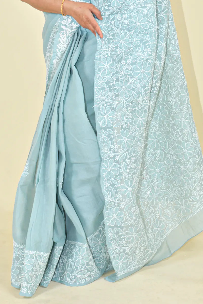 Fabnuma Handcrafted Gray Cotton Chikankari Saree-Blouse - Fabnuma