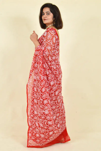 Fabnuma Handcrafted Red Georgette Chikankari Saree-Blouse - Fabnuma