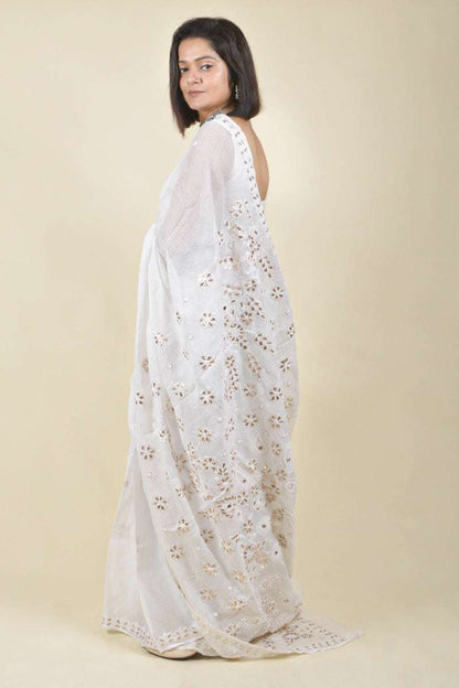 Fabnuma Handcrafted White Kota Cotton Chikankari Saree-Blouse - Fabnuma