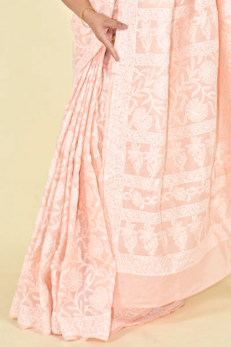 Fabnuma Handcrafted Peach Cotton Chikankari Saree-Blouse Fabnuma