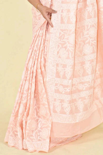 MeMaana Handcrafted Peach Cotton Chikankari Saree-Blouse MeMaana