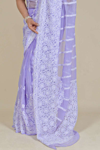 Fabnuma Handcrafted Lavender Georgette Chikankari Saree-Blouse - Fabnuma