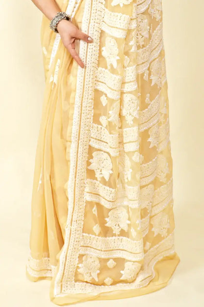 Fabnuma Handcrafted Fawn Georgette Chikankari Saree-Blouse - Fabnuma