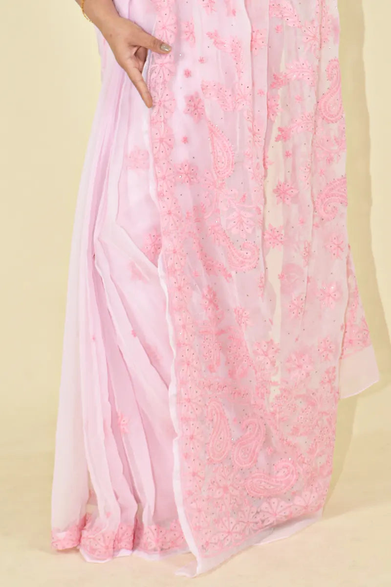 Fabnuma Handcrafted Pink Georgette Chikankari Saree-Blouse - Fabnuma