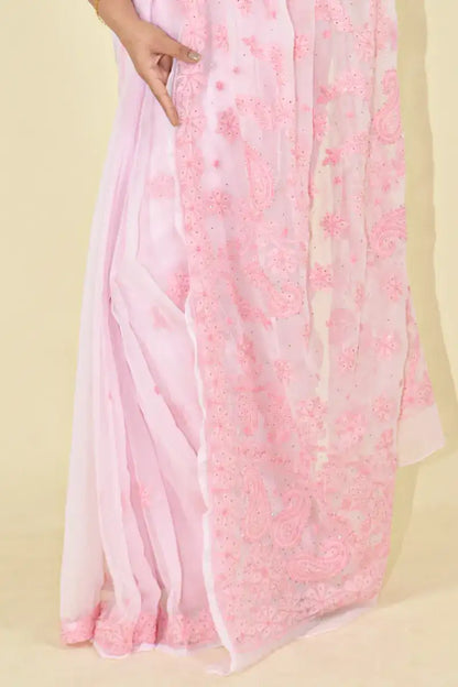 Fabnuma Handcrafted Pink Georgette Chikankari Saree-Blouse - Fabnuma