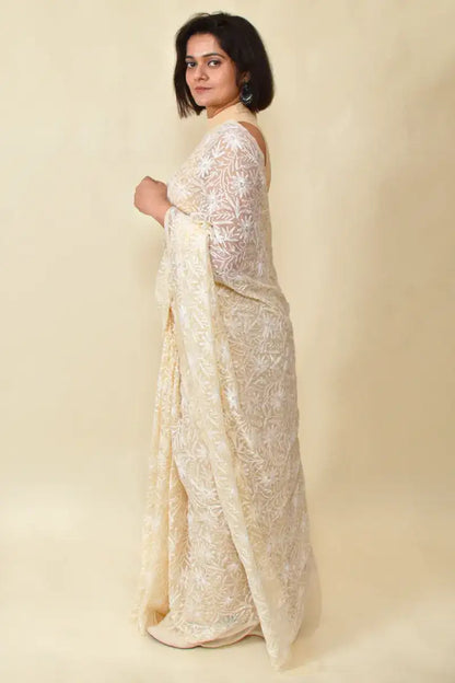 Fabnuma Handcrafted Beige Georgette Tepchi Chikankari Saree-Blouse - Fabnuma