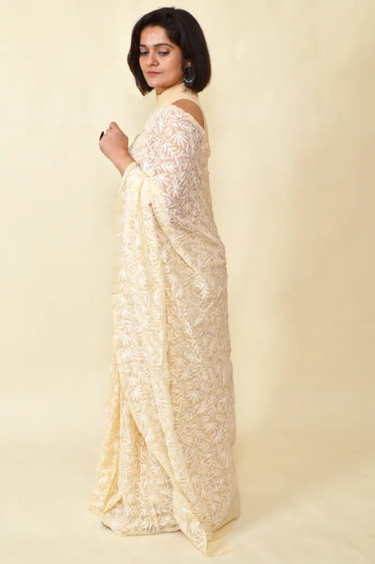 Fabnuma Handcrafted Fawn Georgette Tepchi Chikankari Saree-Blouse - Fabnuma