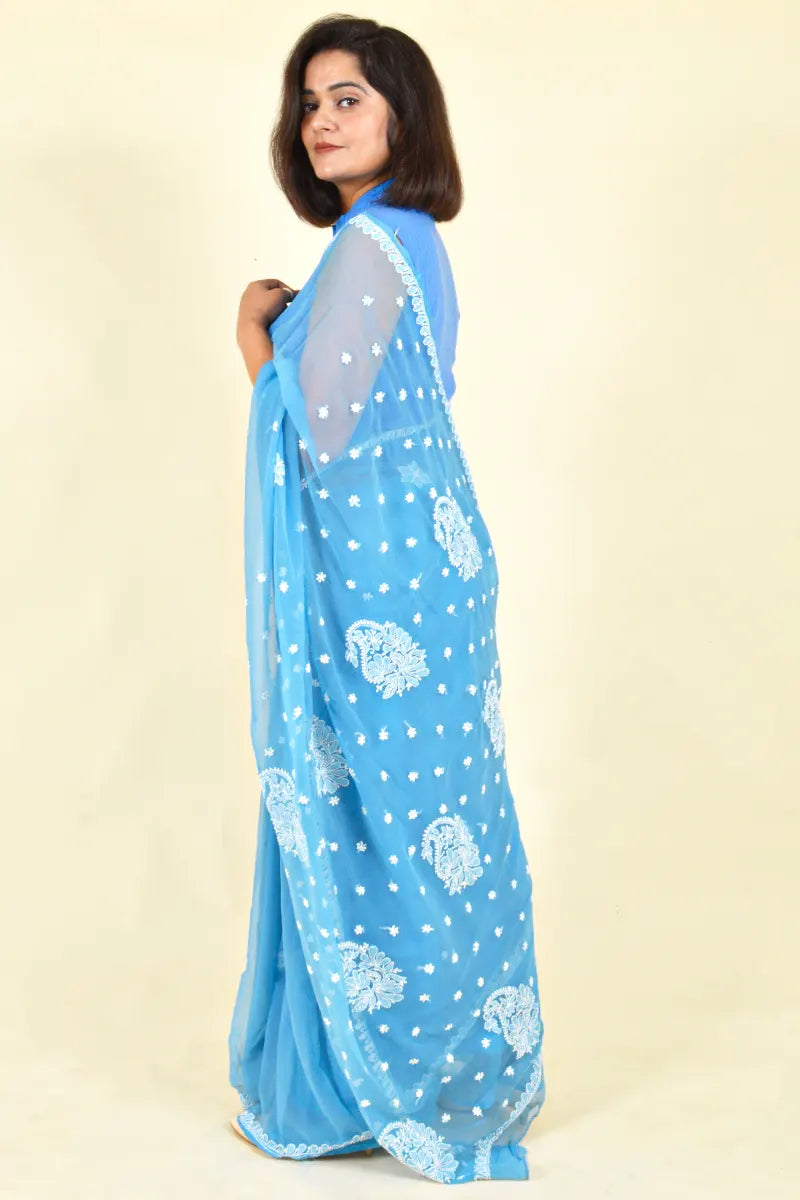 Fabnuma Handcrafted Aqua Blue Georgette Chikankari Saree-Blouse - Fabnuma