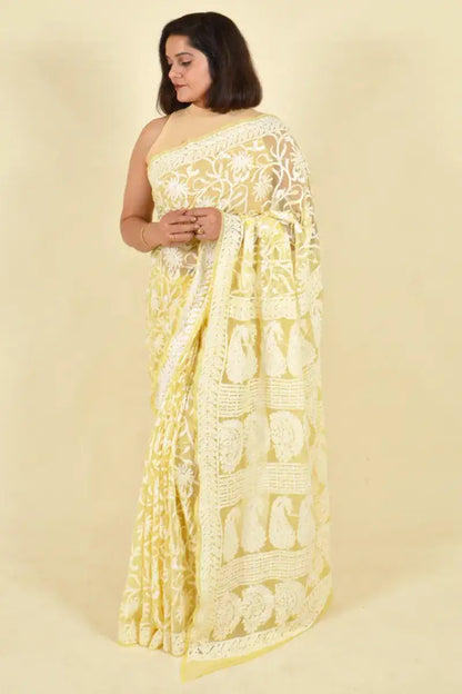 Fabnuma Handcrafted Lemon Georgette Chikankari Saree-Blouse - Fabnuma