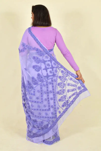 Fabnuma Handcrafted Lavender Georgette Chikankari Saree-Blouse - Fabnuma