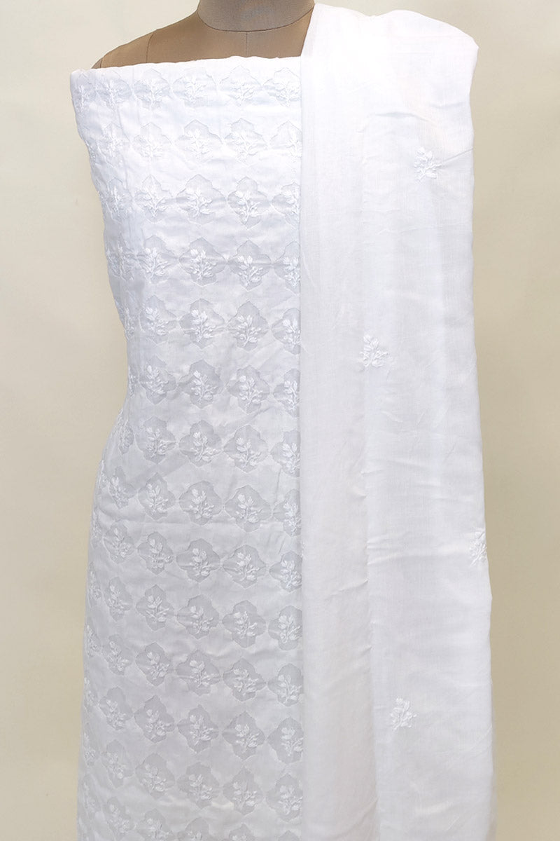 Fabnuma Handcrafted White Cotton Chikankari 3Pcs Unstiched Suit Set-Daraj Work - Fabnuma