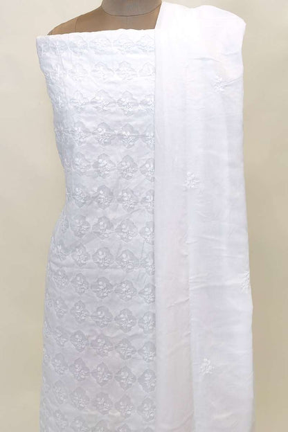 Fabnuma Handcrafted White Cotton Chikankari 3Pcs Unstiched Suit Set-Daraj Work - Fabnuma