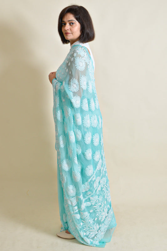 Fabnuma Handcrafted Aqua Green Georgette Chikankari Saree-Blouse - Fabnuma