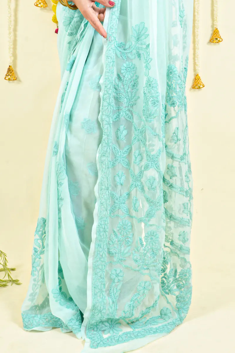 Fabnuma Handcrafted Sea Green Georgette Chikankari Saree-Blouse Fabnuma