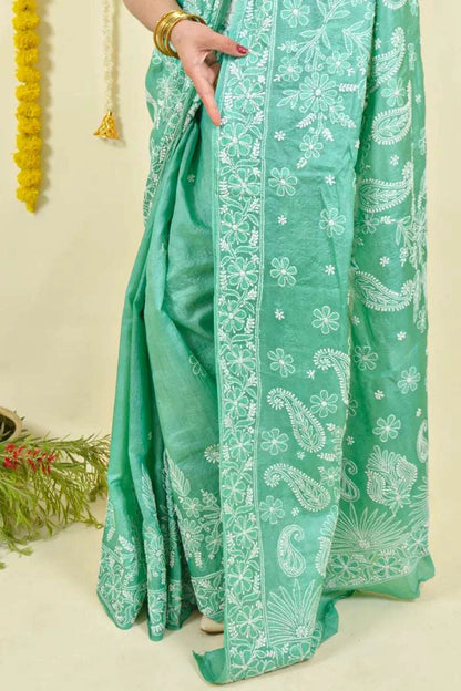 MeMaana Handcrafted Green Tussar Silk Chikankari Saree-Blouse MeMaana