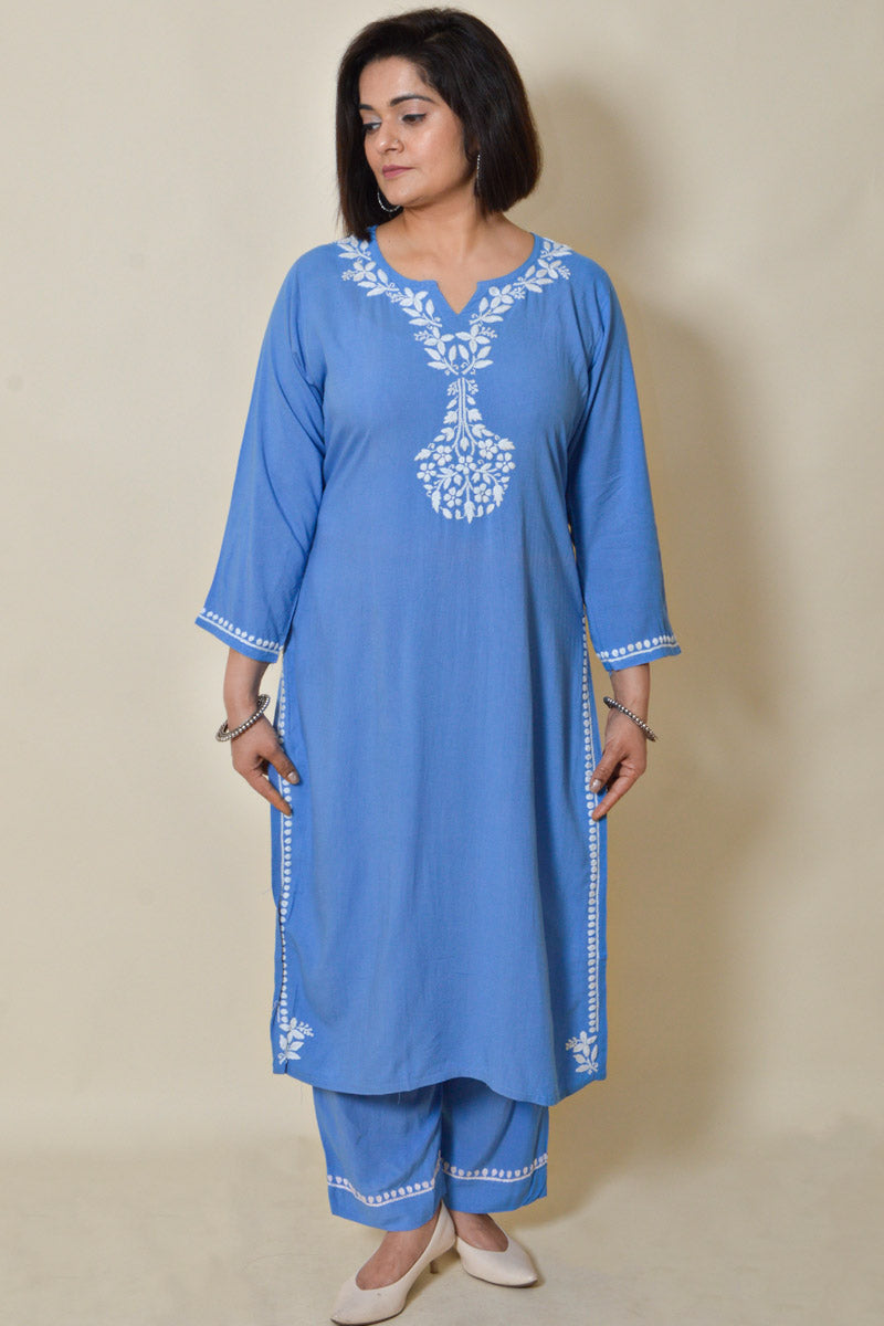 Fabnuma Handcrafted Blue Rayon Cotton Chikankari Kurta Bottom Set - Fabnuma
