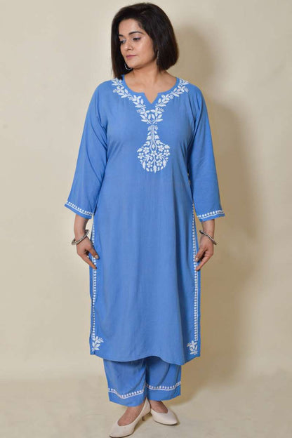 Fabnuma Handcrafted Blue Rayon Cotton Chikankari Kurta Bottom Set - Fabnuma