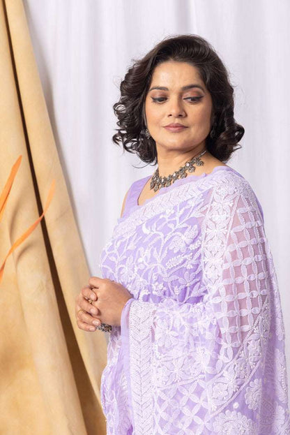 MeMaana Handcrafted Lavender Georgette Allover Chikankari Saree-Blouse MeMaana